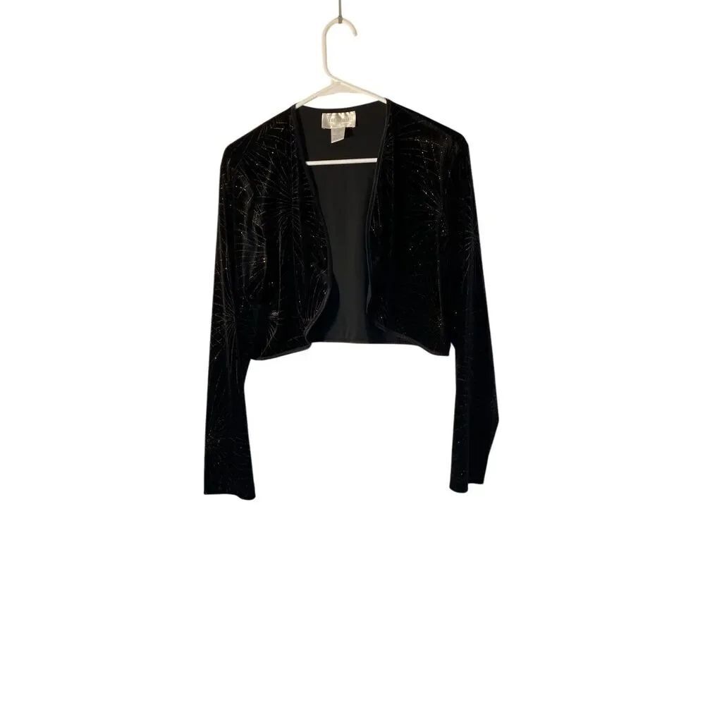VTG Vue point black velvet gold, metallic firework design bolero jacket XL